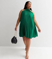 New Look Curves Dark Green Satin Pleated Halter Mini Dress